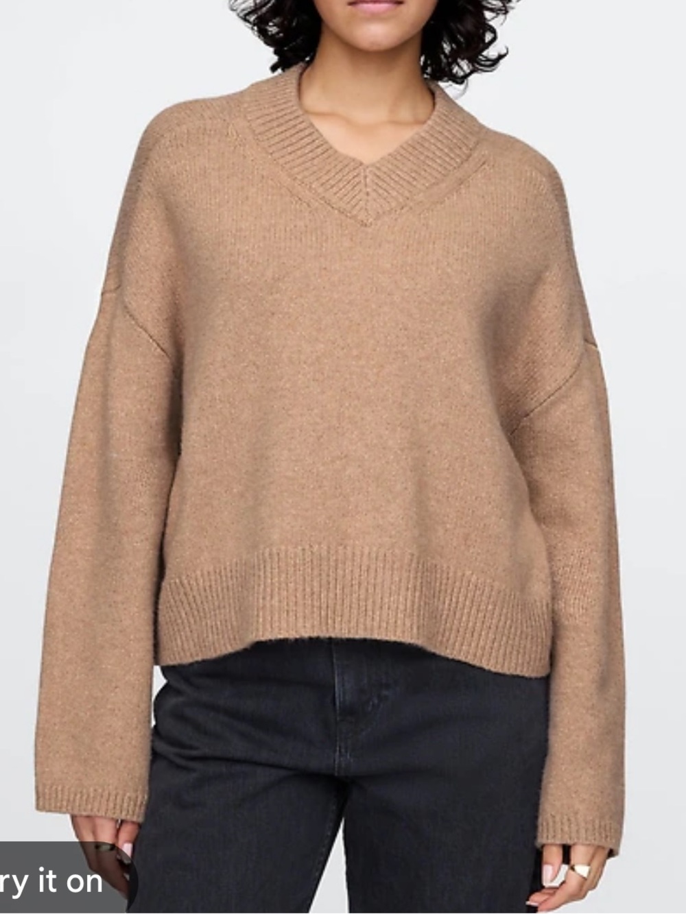 NWT Gap Women CashSoft Cropped High V-Neck Sweater in Camel Tan